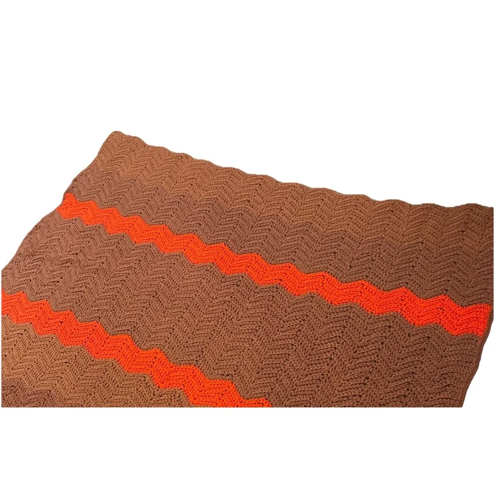 80s Afghan Crochet Throw Retro Handmade Chevron Zig Zag 46x46 Brown Orange Boho